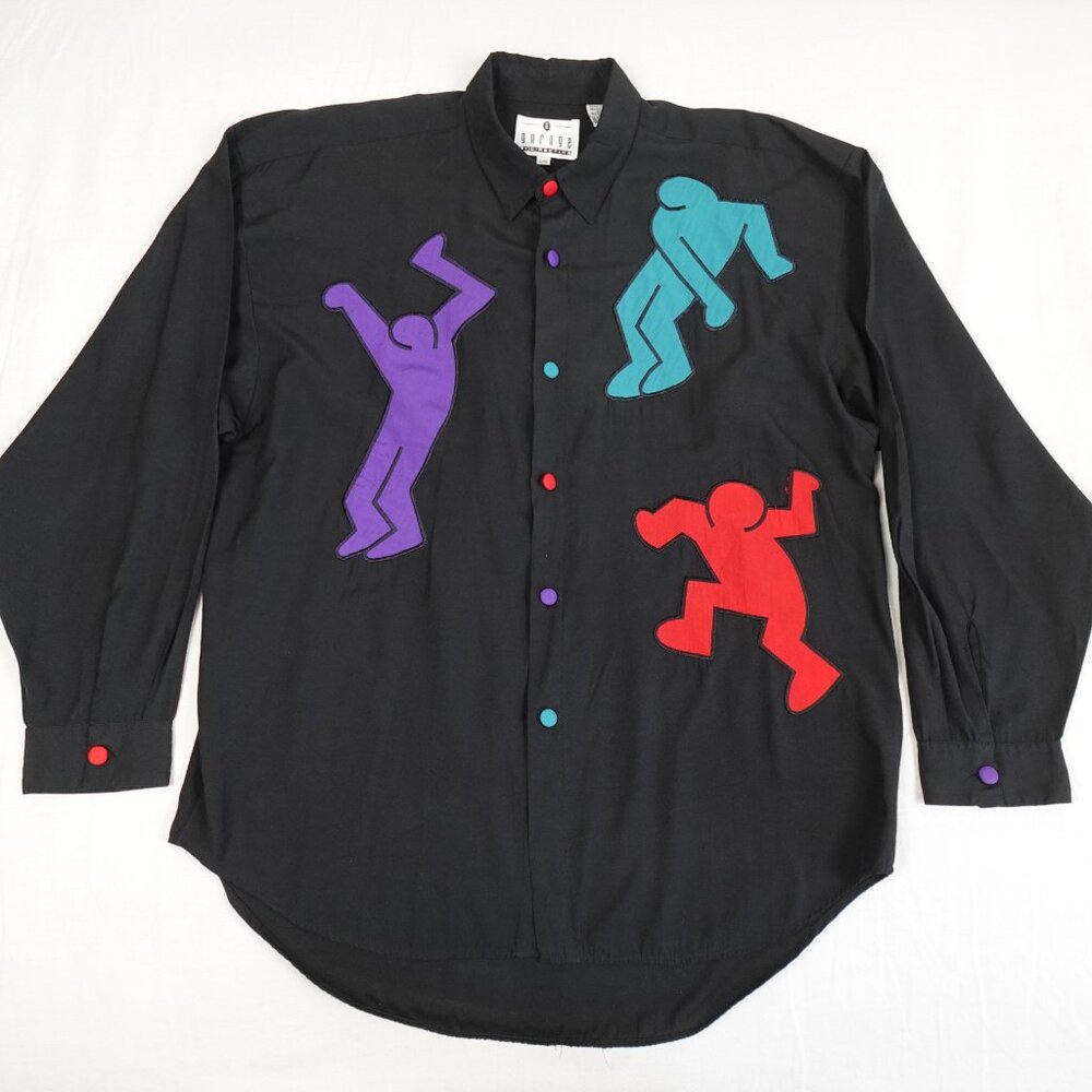 Vintage 80s Keith Haring Dress Shirt Men's Large Pop Art Button Up